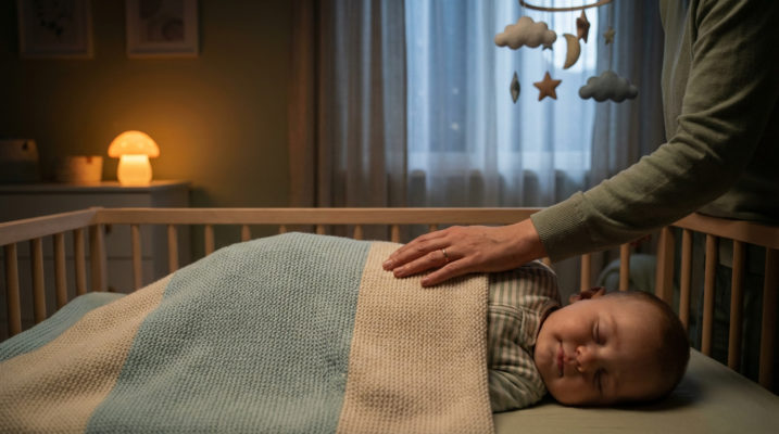 Bébé dort paisiblement dans un berceau sous la main réconfortante d'un parent. Veilleuse champignon et mobile étoilé visibles.