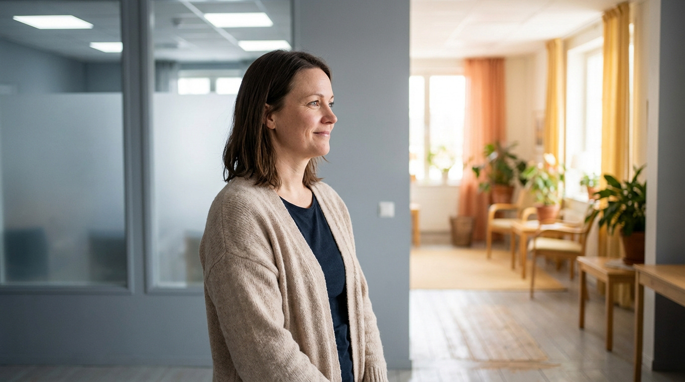 Une femme souriante, regardant vers la droite, se tient entre un espace bureau gris moderne et une pièce lumineuse et chaleureuse.