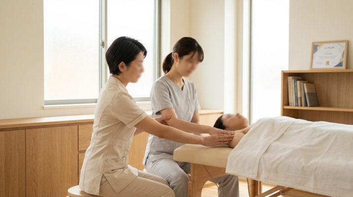 Deux praticiennes en formation apprennent des techniques de massage sur une cliente allongée dans une pièce lumineuse.