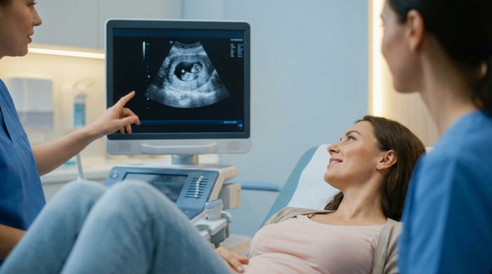 Patiente souriante regardant l'échographie fœtale sur un moniteur. Une professionnelle de santé en tenue bleue pointe l'écran.