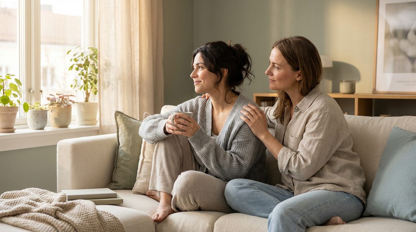Deux femmes sur un canapé, l'une réconforte l'autre avec une main sur l'épaule. Ambiance calme et lumineuse.