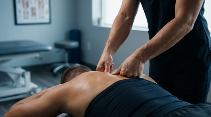 Un thérapeute masse le dos d'un patient allongé sur une table. Cette image illustre la formation en massage sportif.