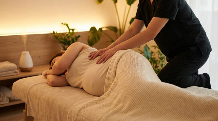 Une femme enceinte allongée sur le côté reçoit un massage relaxant du dos dans une ambiance apaisante, avec diffuseur.