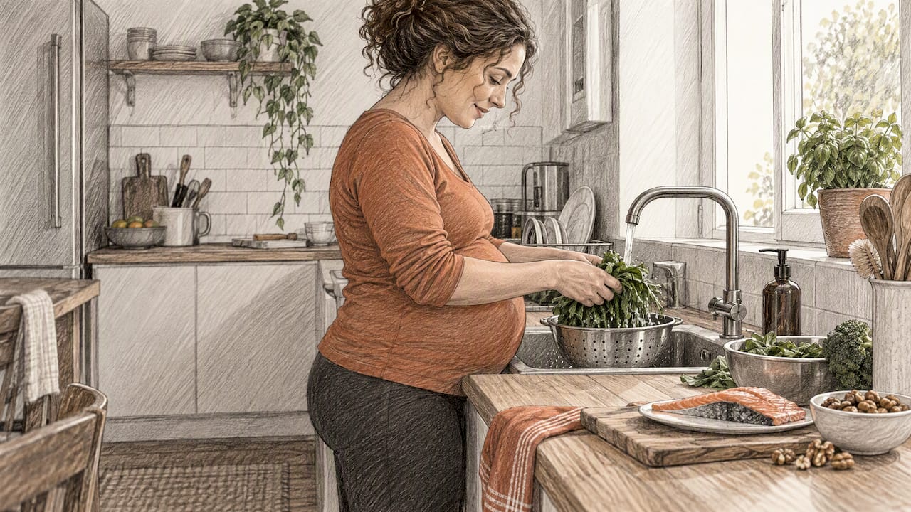 Femme enceinte en train de préparer des légumes, du poisson et des noix