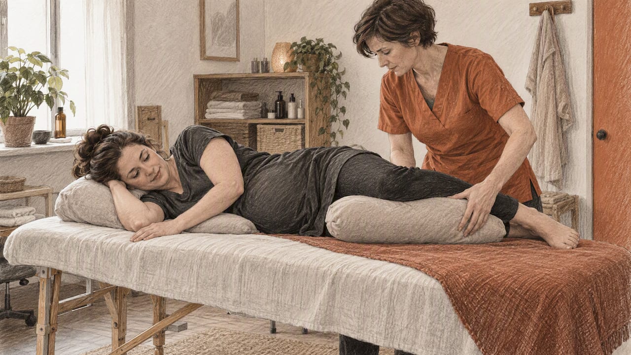 Praticienne ajustant les coussins pour une cliente enceinte