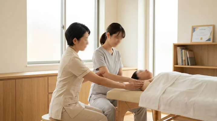 Deux praticiennes en formation apprennent des techniques de massage sur une cliente allongée dans une pièce lumineuse.