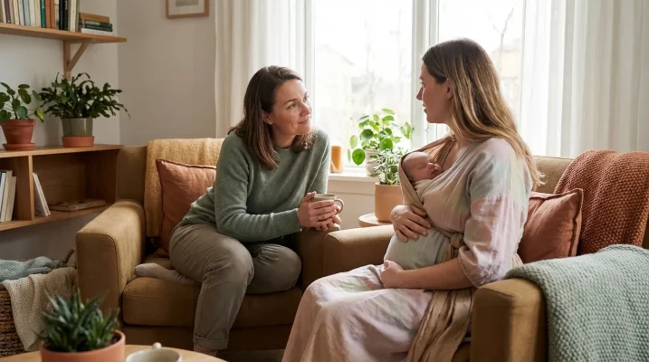 Accompagnante périnatale discutant avec une jeune mère tenant son nouveau-né, dans un salon lumineux et cosy.