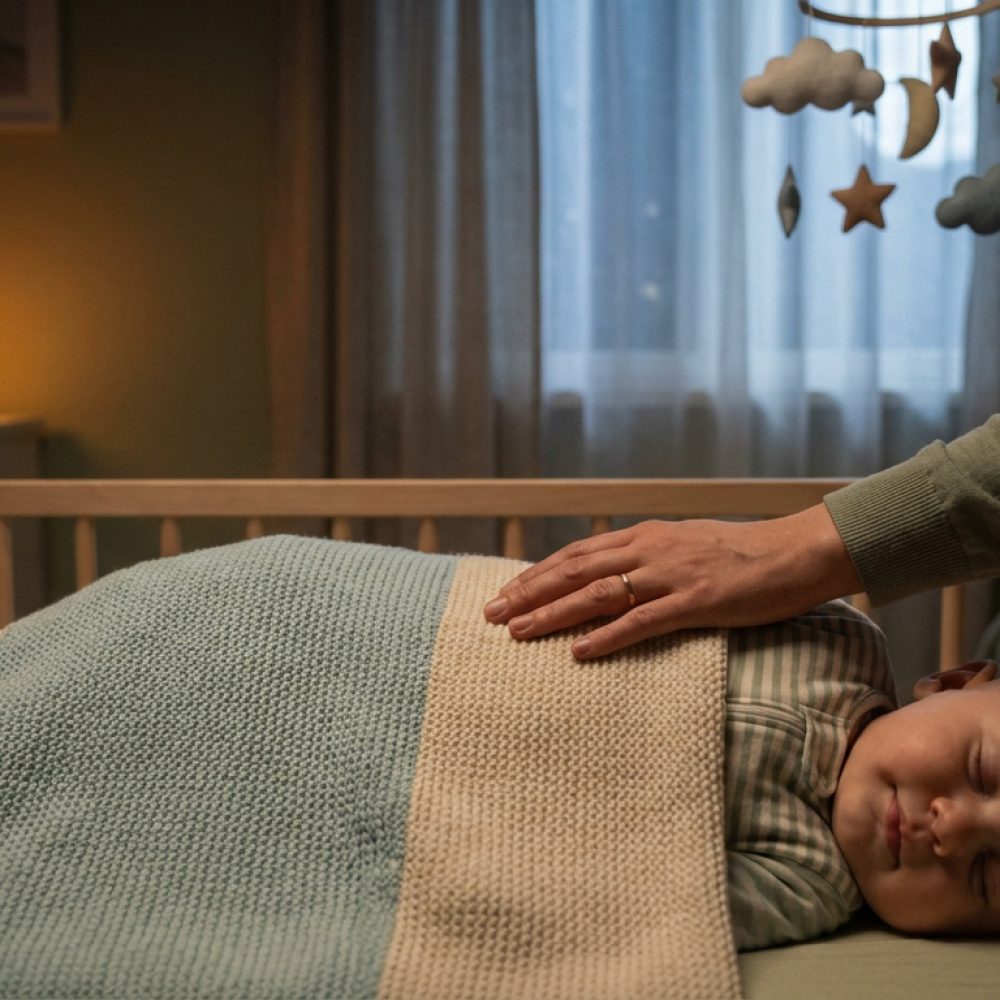 Bébé dort paisiblement dans un berceau sous la main réconfortante d'un parent. Veilleuse champignon et mobile étoilé visibles.