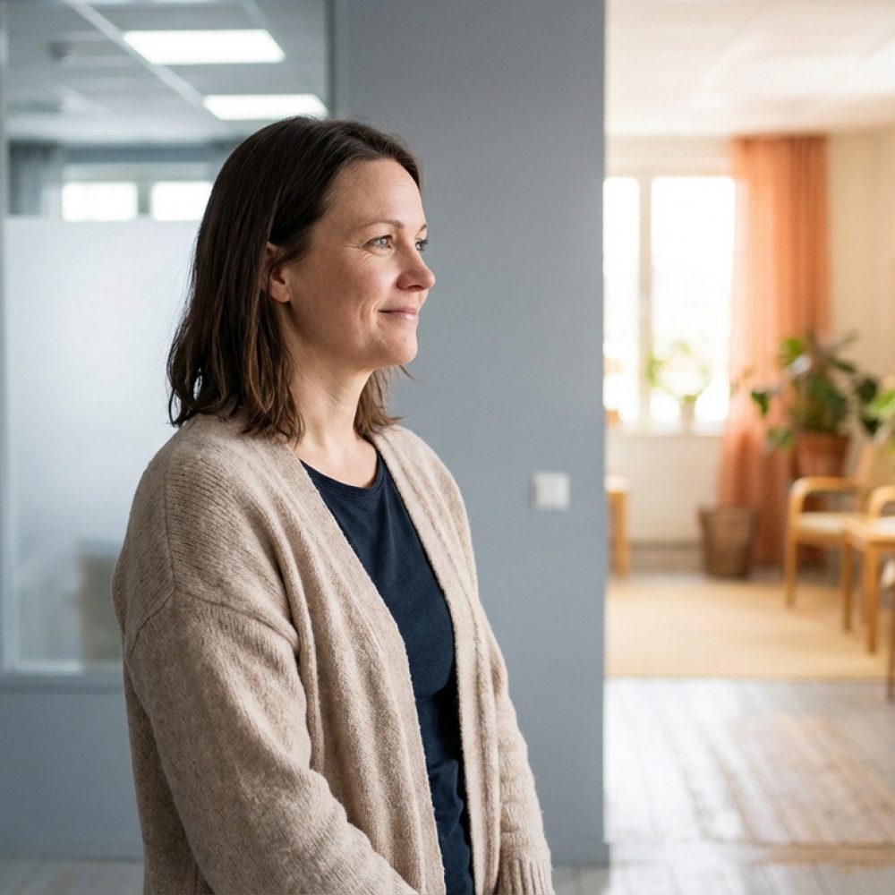 Une femme souriante, regardant vers la droite, se tient entre un espace bureau gris moderne et une pièce lumineuse et chaleureuse.