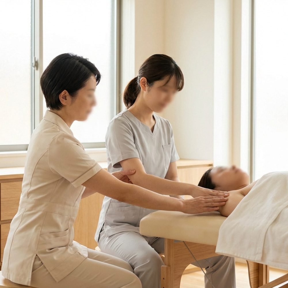 Deux praticiennes en formation apprennent des techniques de massage sur une cliente allongée dans une pièce lumineuse.
