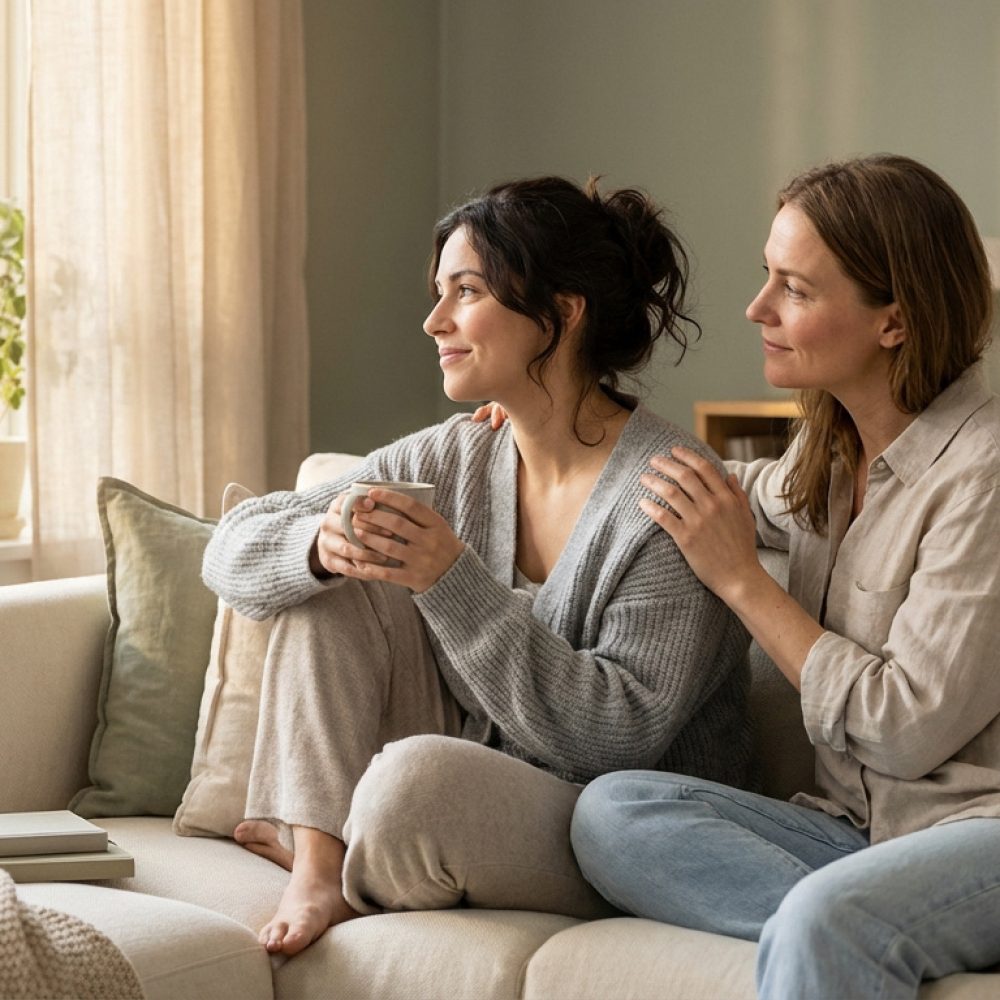 Deux femmes sur un canapé, l'une réconforte l'autre avec une main sur l'épaule. Ambiance calme et lumineuse.