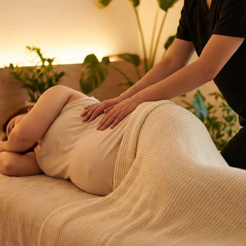 Une femme enceinte allongée sur le côté reçoit un massage relaxant du dos dans une ambiance apaisante, avec diffuseur.