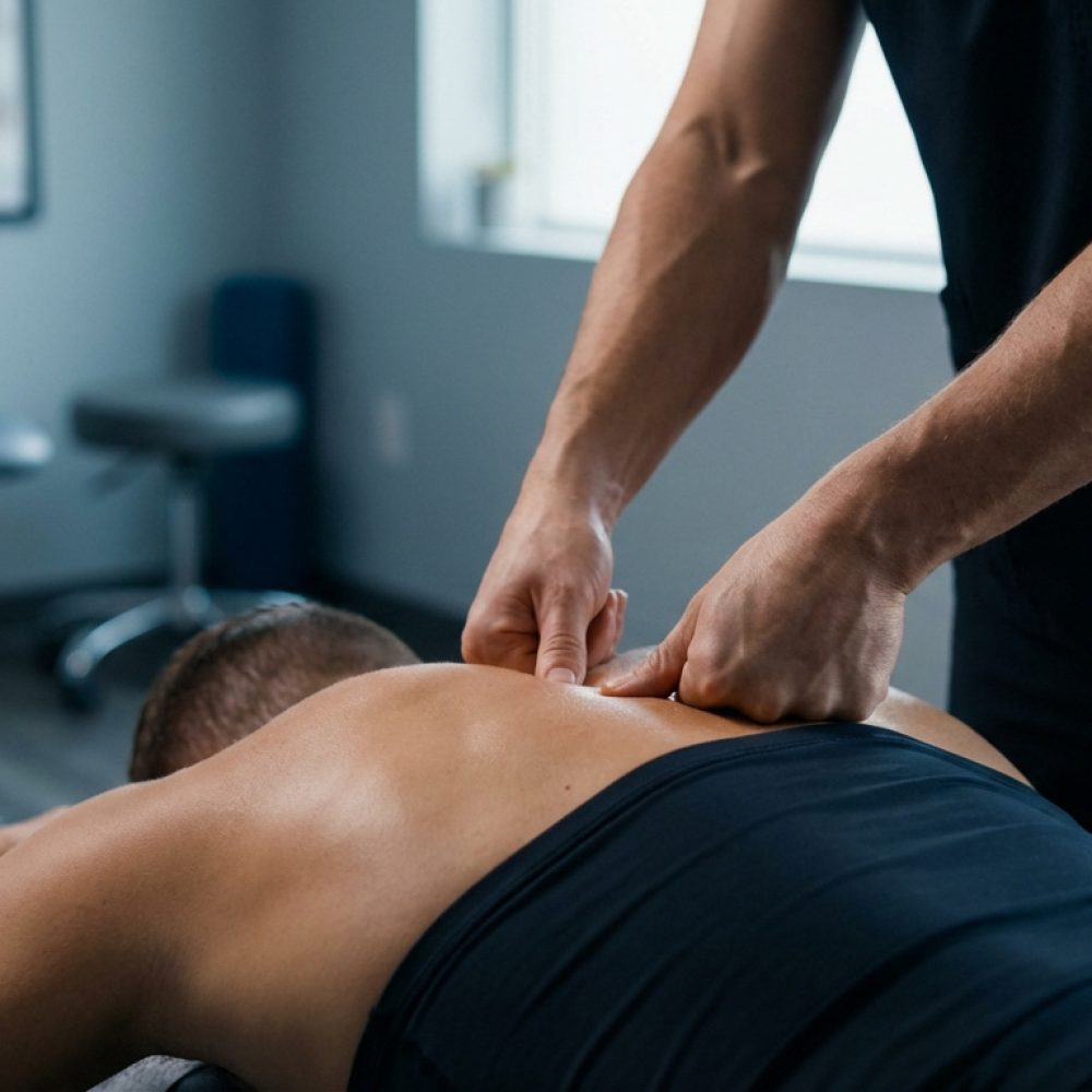 Un thérapeute masse le dos d'un patient allongé sur une table. Cette image illustre la formation en massage sportif.